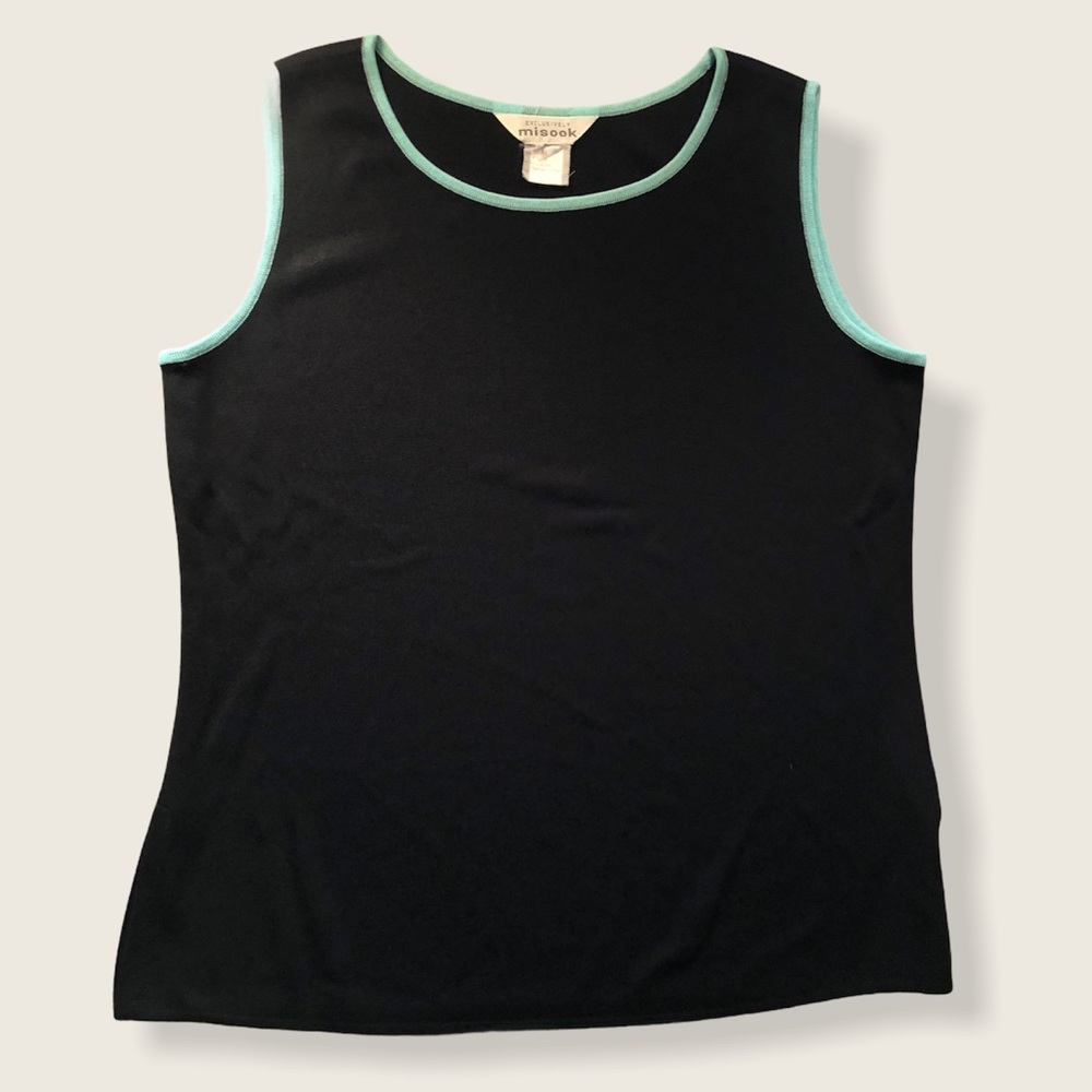 NFS Misook Sleeveless Shirt Top Black Blue Scoop Neckline Acrylic